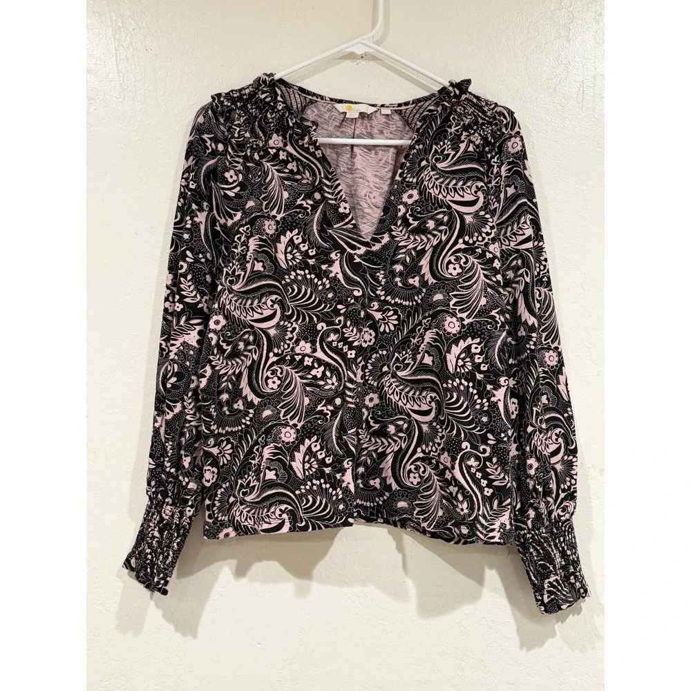 Boden Pink Black Paisley Smocked V-Neck Cotton Blouse Top T1034 US 10 UK 14